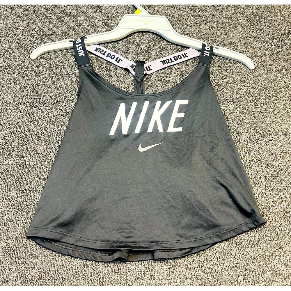 Nike Dri Fit Tank Top Womens Medium Black Spellout Graphic Athletic Racerback